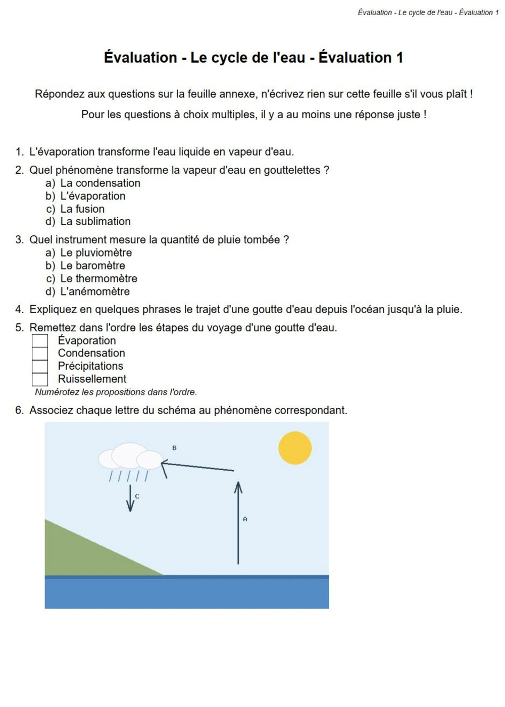 Sujet d'évaluation eduKa imprimé, avec sa grille de réponses.