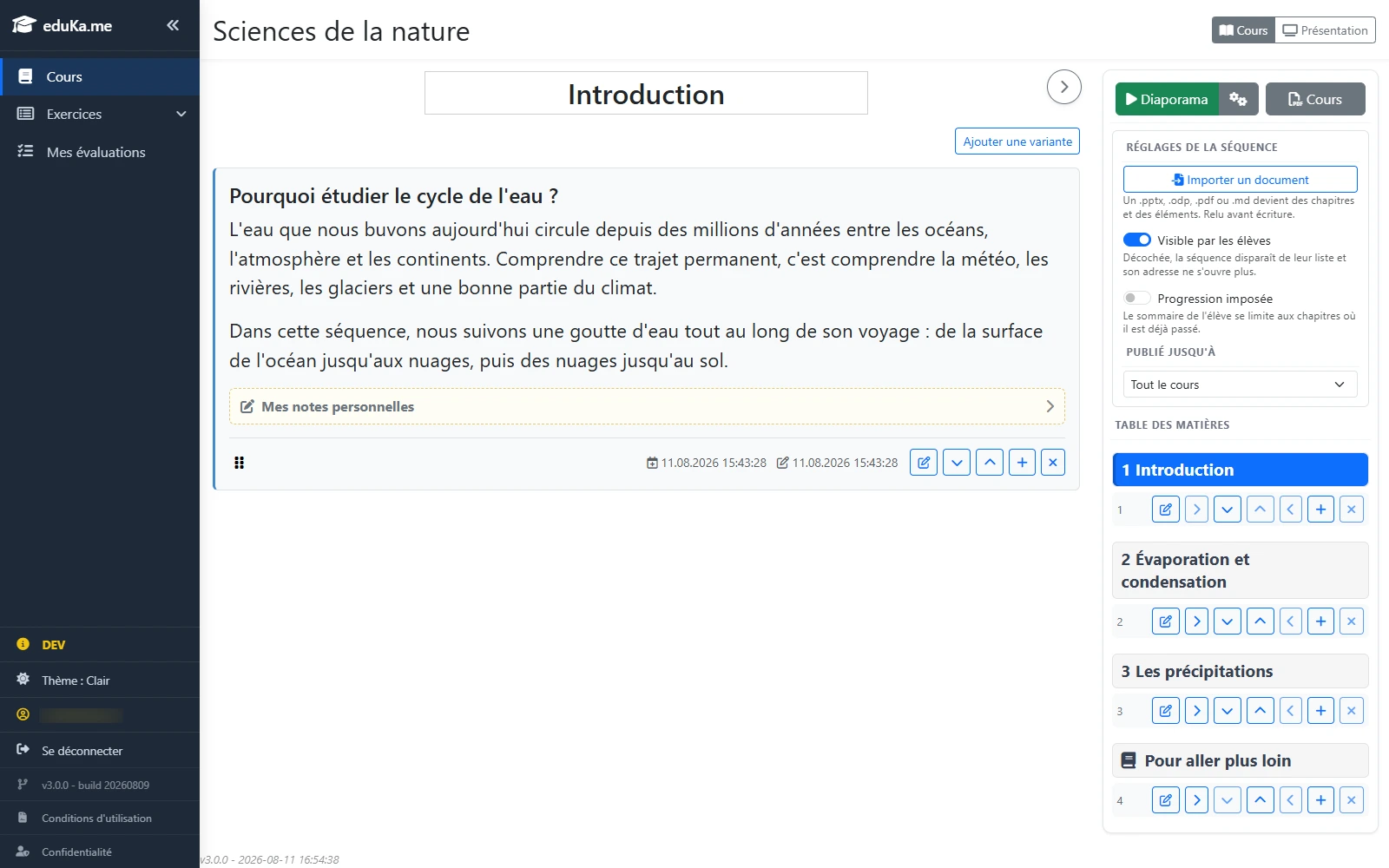 Éditeur de séquence d'eduKa : sommaire des chapitres à gauche, et à droite les éléments du chapitre, texte, image et question.