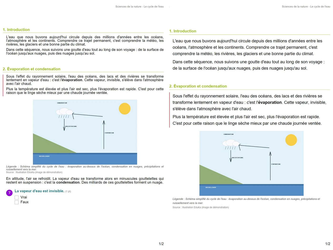 Deux pages PDF du même cours eduKa, côte à côte : la version courante et la version adaptée aux troubles de la lecture, en plus gros caractères et interligne double.