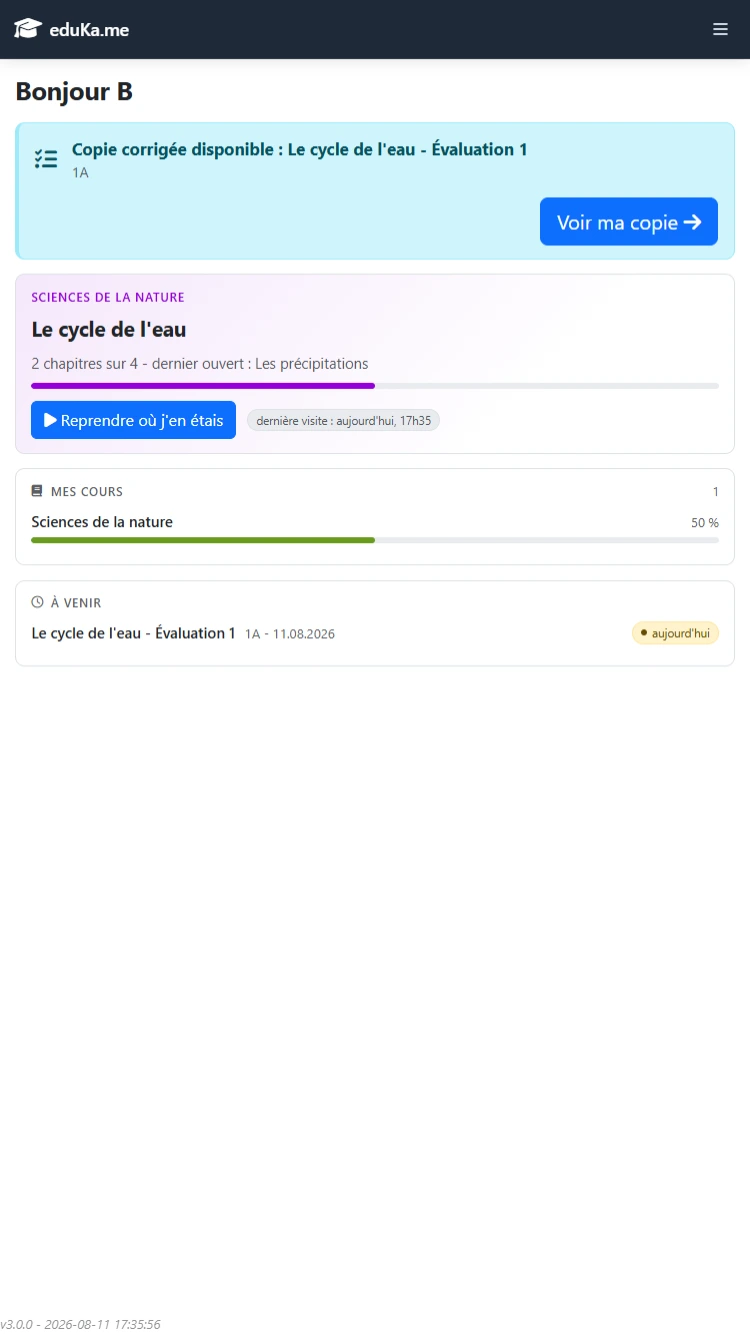 Tableau de bord d'un élève dans eduKa, affiché sur téléphone, avec en haut le bouton permettant de reprendre la séquence en cours.