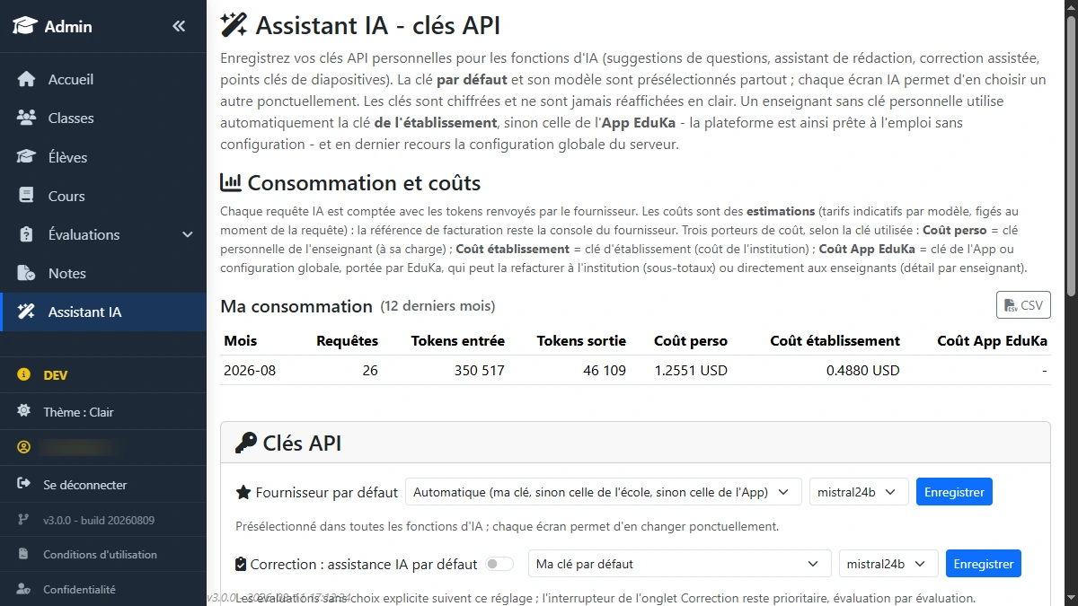 Écran de suivi de l'assistance par IA dans eduKa : consommation et coût du mois, fournisseur choisi, et pastille indiquant si le traitement a lieu en Suisse.